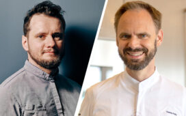 Denis Feix (r.) begrüßt Tony Hohlfeld (l.) bei „Feix meets…“ im Marburger Esszimmer. © VILA VITA Marburg