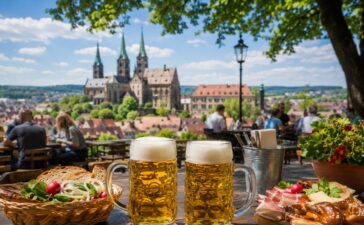 Beliebter Biergarten im Raum Bamberg mit fränkischen Bierspezialitäten und schattigen Kastanienbäumen.