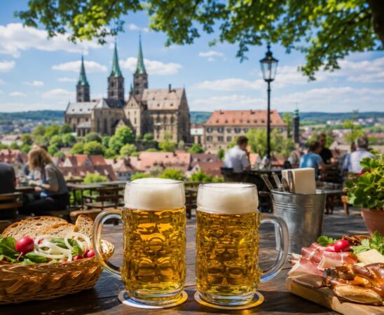 Beliebter Biergarten im Raum Bamberg mit fränkischen Bierspezialitäten und schattigen Kastanienbäumen.