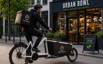 Elektro-Lieferfahrrad mit Riemenantrieb in der Systemgastronomie