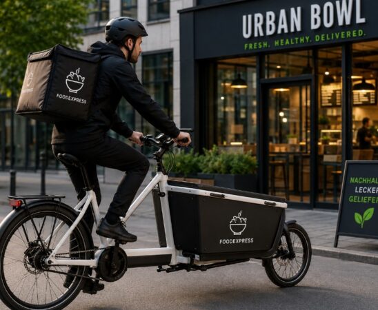 Elektro-Lieferfahrrad mit Riemenantrieb in der Systemgastronomie