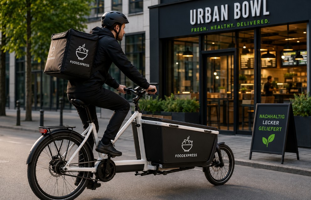 Elektro-Lieferfahrrad mit Riemenantrieb in der Systemgastronomie